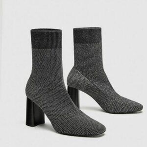 Zara Black and Silver Knit Sock Boots Size 37